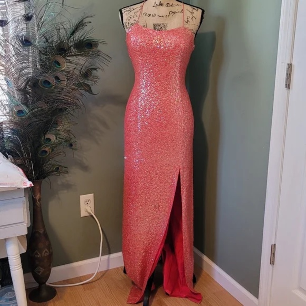 Hot Pink Sequin Spaghetti-Strap Maxi Dress with Side Slit -Size 6